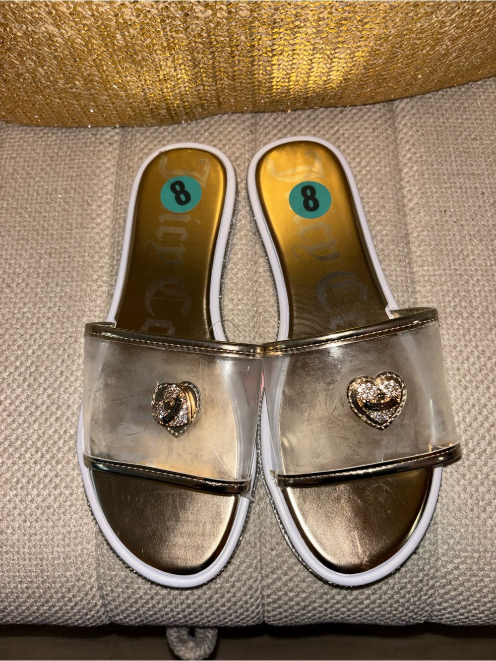 Juicy Couture Gold and Clear Slide Sandals with Crystal Heart Charm